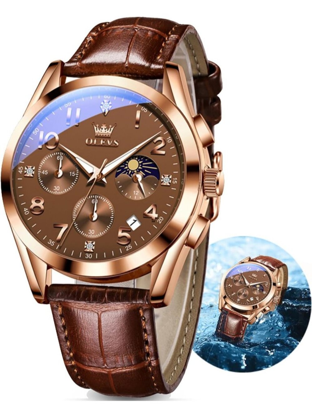 Men's Brown Rose Gold Leather Analog Quartz Classic Chronograph Waterproof Watch